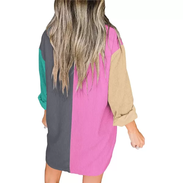 imageBTFBM Womens Corduroy Shacket Jacket Shirts Lapel Long Sleeve Oversized 2023 Fall Winter Button Down Shirt Dress PocketColorblock Grey Pink