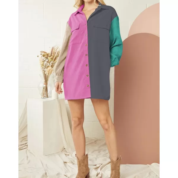 imageBTFBM Womens Corduroy Shacket Jacket Shirts Lapel Long Sleeve Oversized 2023 Fall Winter Button Down Shirt Dress PocketColorblock Grey Pink