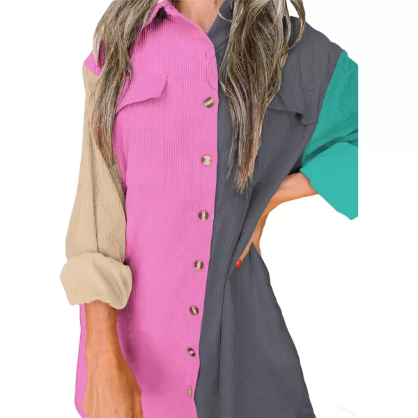 imageBTFBM Womens Corduroy Shacket Jacket Shirts Lapel Long Sleeve Oversized 2023 Fall Winter Button Down Shirt Dress PocketColorblock Grey Pink