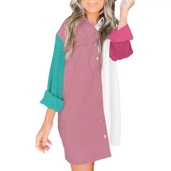 imageBTFBM Womens Corduroy Shacket Jacket Shirts Lapel Long Sleeve Oversized 2023 Fall Winter Button Down Shirt Dress PocketColorblock Pink