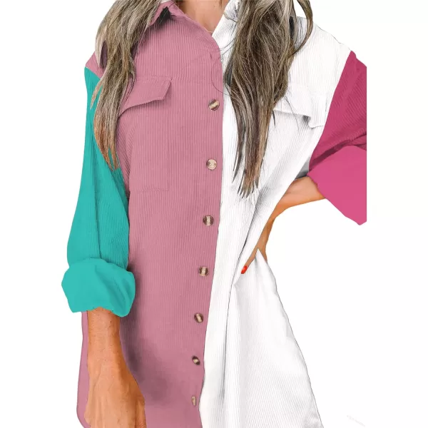 imageBTFBM Womens Corduroy Shacket Jacket Shirts Lapel Long Sleeve Oversized 2023 Fall Winter Button Down Shirt Dress PocketColorblock Pink