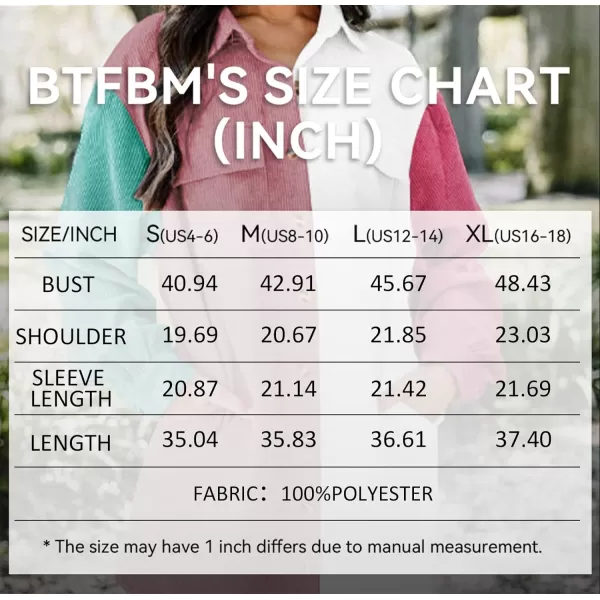 imageBTFBM Womens Corduroy Shacket Jacket Shirts Lapel Long Sleeve Oversized 2023 Fall Winter Button Down Shirt Dress PocketColorblock Pink