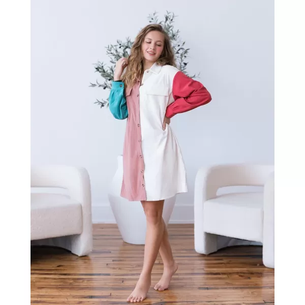 imageBTFBM Womens Corduroy Shacket Jacket Shirts Lapel Long Sleeve Oversized 2023 Fall Winter Button Down Shirt Dress PocketColorblock Pink