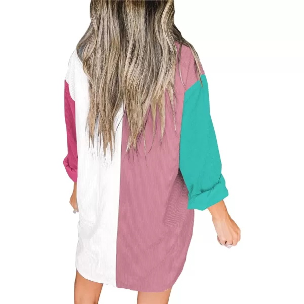 imageBTFBM Womens Corduroy Shacket Jacket Shirts Lapel Long Sleeve Oversized 2023 Fall Winter Button Down Shirt Dress PocketColorblock Pink