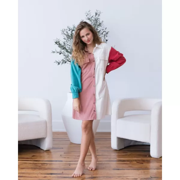 imageBTFBM Womens Corduroy Shacket Jacket Shirts Lapel Long Sleeve Oversized 2023 Fall Winter Button Down Shirt Dress PocketColorblock Pink