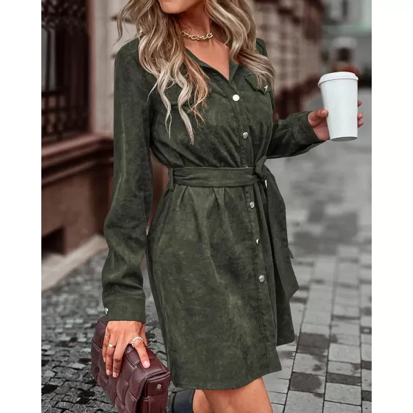 imageBTFBM Womens Corduroy Shacket Jacket Shirts Lapel Long Sleeve Oversized 2023 Fall Winter Button Down Shirt Dress PocketSolid Army Green