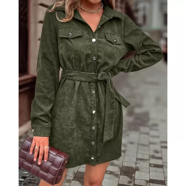 imageBTFBM Womens Corduroy Shacket Jacket Shirts Lapel Long Sleeve Oversized 2023 Fall Winter Button Down Shirt Dress PocketSolid Army Green