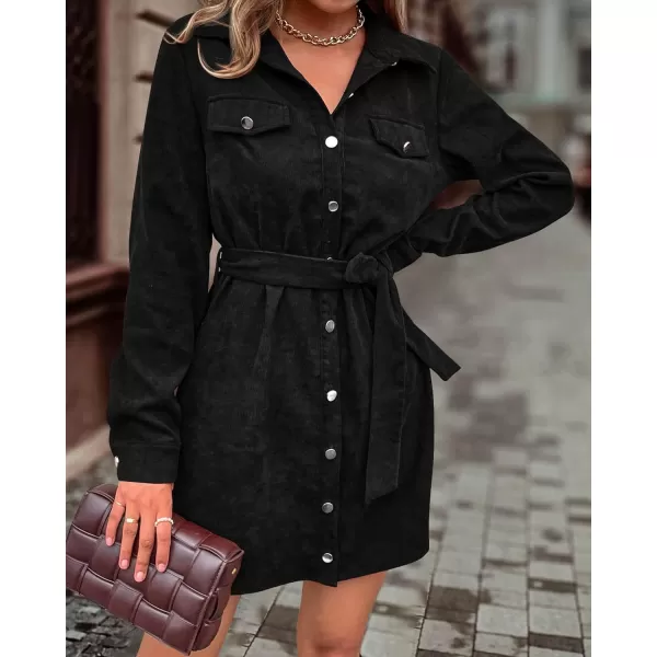 imageBTFBM Womens Corduroy Shacket Jacket Shirts Lapel Long Sleeve Oversized 2023 Fall Winter Button Down Shirt Dress PocketSolid Black