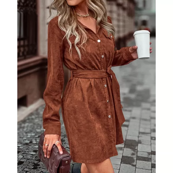 imageBTFBM Womens Corduroy Shacket Jacket Shirts Lapel Long Sleeve Oversized 2023 Fall Winter Button Down Shirt Dress PocketSolid Brown