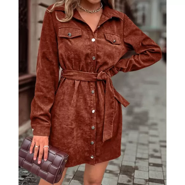 imageBTFBM Womens Corduroy Shacket Jacket Shirts Lapel Long Sleeve Oversized 2023 Fall Winter Button Down Shirt Dress PocketSolid Brown