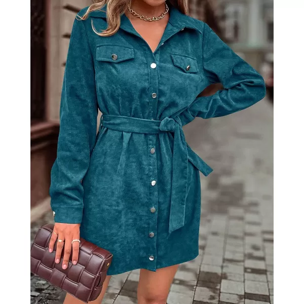 imageBTFBM Womens Corduroy Shacket Jacket Shirts Lapel Long Sleeve Oversized 2023 Fall Winter Button Down Shirt Dress PocketSolid Lake Blue