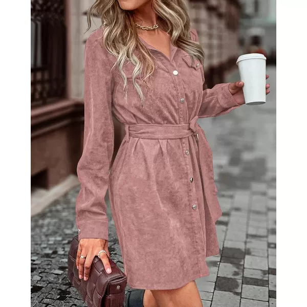 imageBTFBM Womens Corduroy Shacket Jacket Shirts Lapel Long Sleeve Oversized 2023 Fall Winter Button Down Shirt Dress PocketSolid Pink
