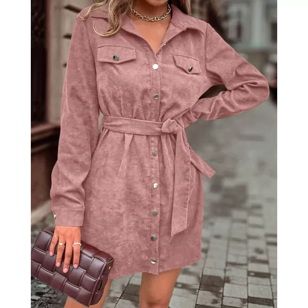 imageBTFBM Womens Corduroy Shacket Jacket Shirts Lapel Long Sleeve Oversized 2023 Fall Winter Button Down Shirt Dress PocketSolid Pink