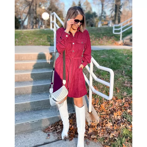 imageBTFBM Womens Corduroy Shacket Jacket Shirts Lapel Long Sleeve Oversized 2023 Fall Winter Button Down Shirt Dress PocketSolid Red