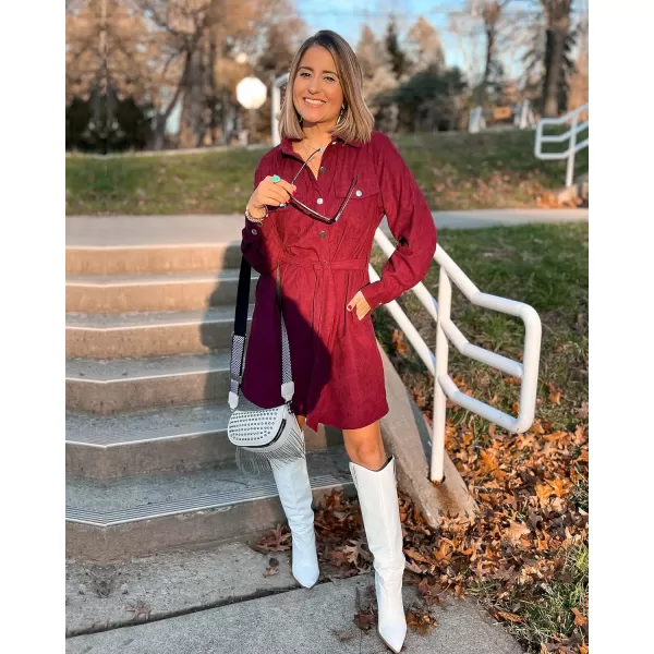imageBTFBM Womens Corduroy Shacket Jacket Shirts Lapel Long Sleeve Oversized 2023 Fall Winter Button Down Shirt Dress PocketSolid Red