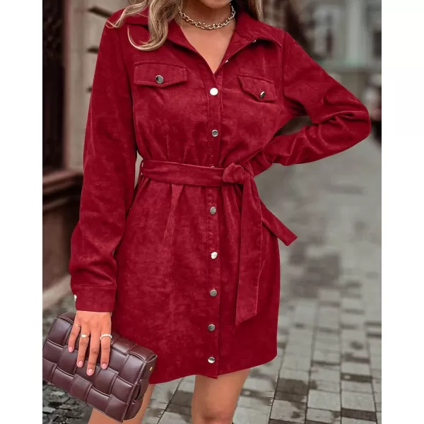 imageBTFBM Womens Corduroy Shacket Jacket Shirts Lapel Long Sleeve Oversized 2023 Fall Winter Button Down Shirt Dress PocketSolid Red