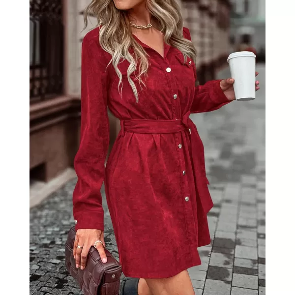 imageBTFBM Womens Corduroy Shacket Jacket Shirts Lapel Long Sleeve Oversized 2023 Fall Winter Button Down Shirt Dress PocketSolid Red