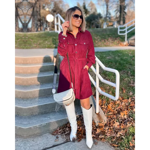 imageBTFBM Womens Corduroy Shacket Jacket Shirts Lapel Long Sleeve Oversized 2023 Fall Winter Button Down Shirt Dress PocketSolid Red