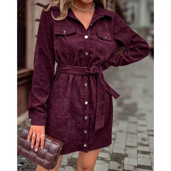 imageBTFBM Womens Corduroy Shacket Jacket Shirts Lapel Long Sleeve Oversized 2023 Fall Winter Button Down Shirt Dress PocketSolid Wine Red
