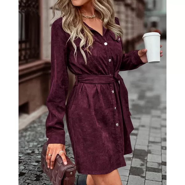 imageBTFBM Womens Corduroy Shacket Jacket Shirts Lapel Long Sleeve Oversized 2023 Fall Winter Button Down Shirt Dress PocketSolid Wine Red