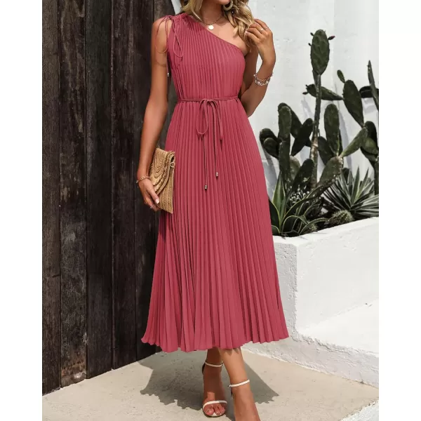 imageBTFBM Womens Drawstring One Shoulder Maxi Dresses Summer Sleeveless Tie Waist Pleated Long Flowy Party Cocktail DressSolid Bean Paste Red