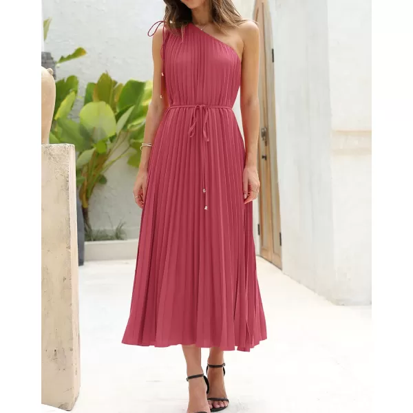 imageBTFBM Womens Drawstring One Shoulder Maxi Dresses Summer Sleeveless Tie Waist Pleated Long Flowy Party Cocktail DressSolid Bean Paste Red