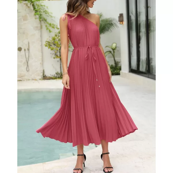 imageBTFBM Womens Drawstring One Shoulder Maxi Dresses Summer Sleeveless Tie Waist Pleated Long Flowy Party Cocktail DressSolid Bean Paste Red