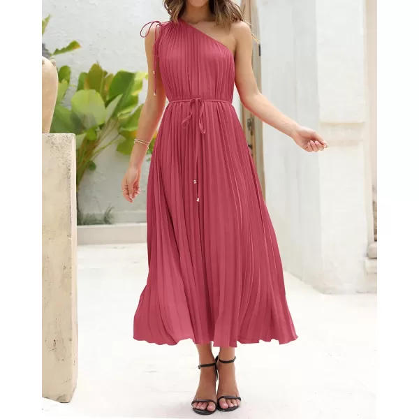 imageBTFBM Womens Drawstring One Shoulder Maxi Dresses Summer Sleeveless Tie Waist Pleated Long Flowy Party Cocktail DressSolid Bean Paste Red