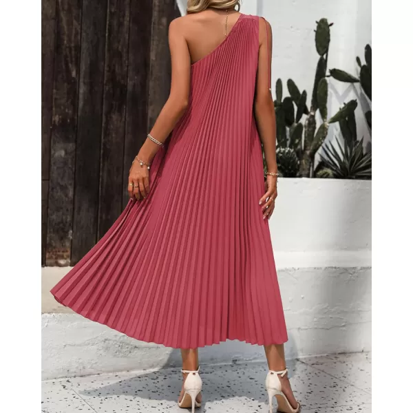 imageBTFBM Womens Drawstring One Shoulder Maxi Dresses Summer Sleeveless Tie Waist Pleated Long Flowy Party Cocktail DressSolid Bean Paste Red