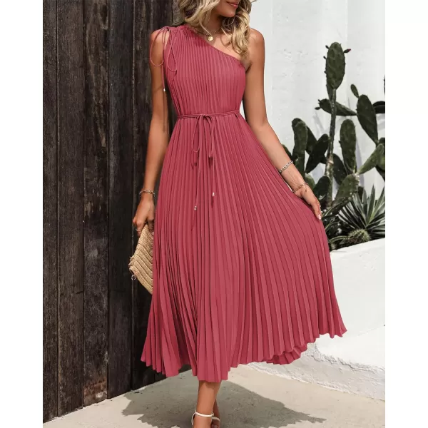 imageBTFBM Womens Drawstring One Shoulder Maxi Dresses Summer Sleeveless Tie Waist Pleated Long Flowy Party Cocktail DressSolid Bean Paste Red