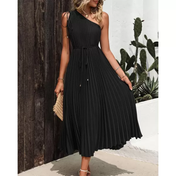 imageBTFBM Womens Drawstring One Shoulder Maxi Dresses Summer Sleeveless Tie Waist Pleated Long Flowy Party Cocktail DressSolid Black