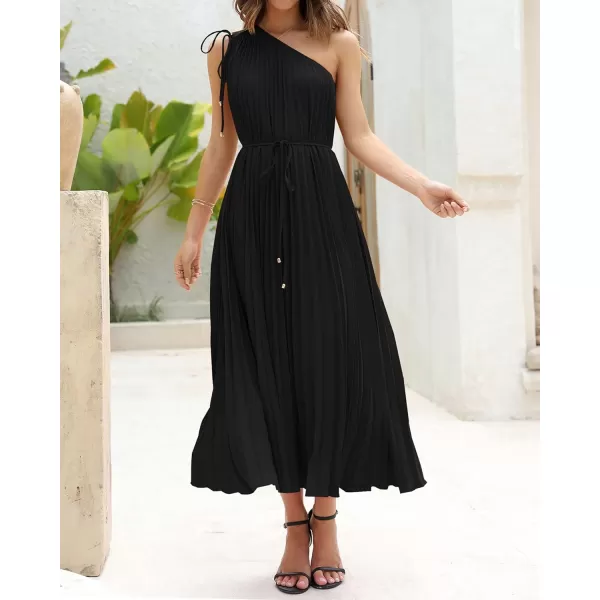 imageBTFBM Womens Drawstring One Shoulder Maxi Dresses Summer Sleeveless Tie Waist Pleated Long Flowy Party Cocktail DressSolid Black
