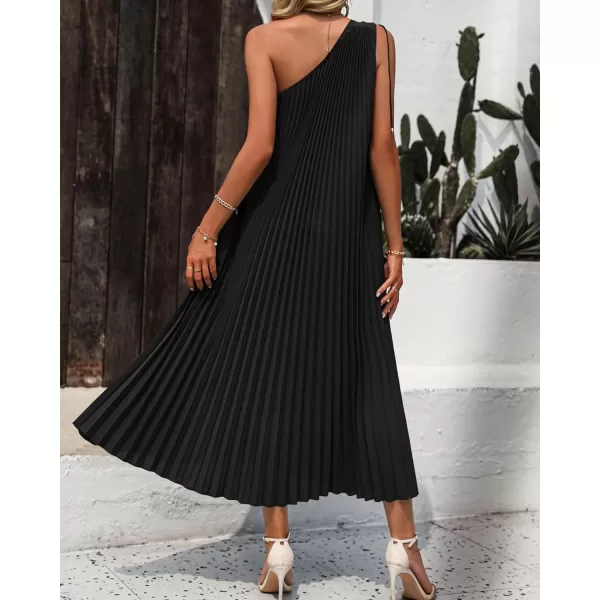 imageBTFBM Womens Drawstring One Shoulder Maxi Dresses Summer Sleeveless Tie Waist Pleated Long Flowy Party Cocktail DressSolid Black