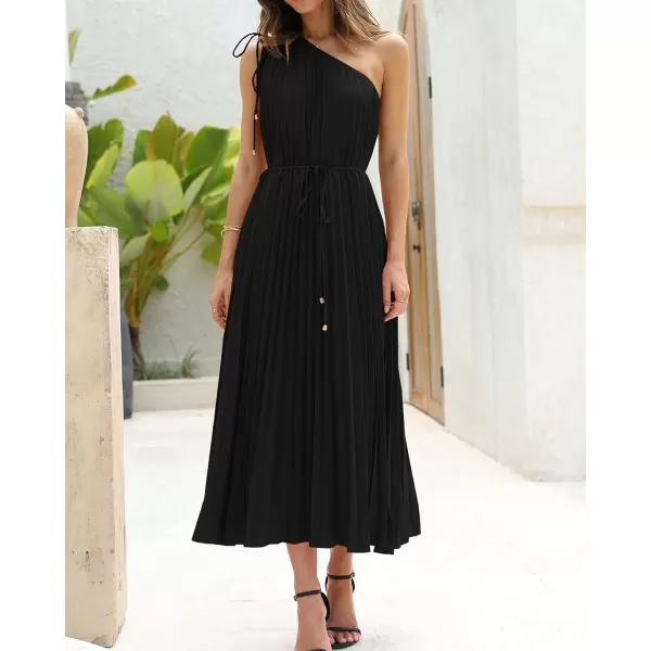 imageBTFBM Womens Drawstring One Shoulder Maxi Dresses Summer Sleeveless Tie Waist Pleated Long Flowy Party Cocktail DressSolid Black