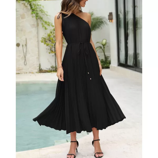 imageBTFBM Womens Drawstring One Shoulder Maxi Dresses Summer Sleeveless Tie Waist Pleated Long Flowy Party Cocktail DressSolid Black