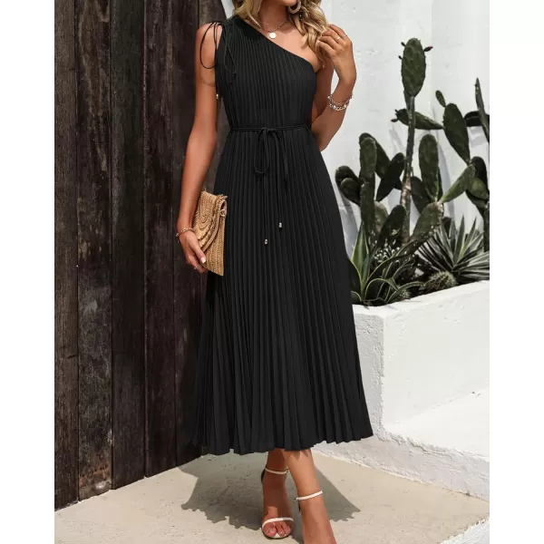 imageBTFBM Womens Drawstring One Shoulder Maxi Dresses Summer Sleeveless Tie Waist Pleated Long Flowy Party Cocktail DressSolid Black