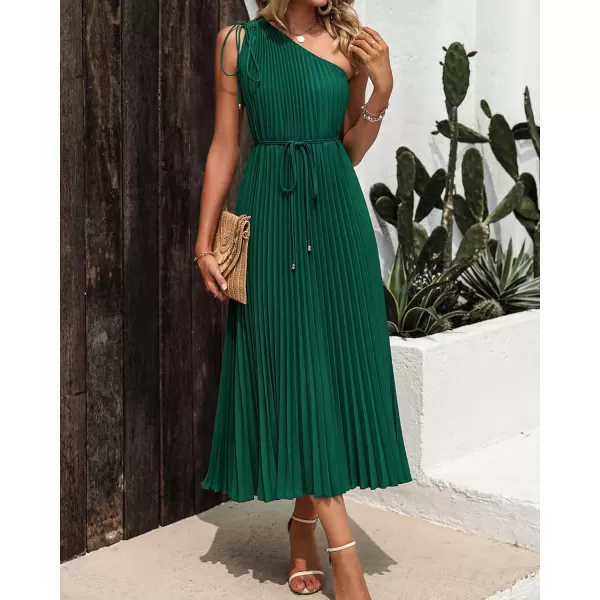 imageBTFBM Womens Drawstring One Shoulder Maxi Dresses Summer Sleeveless Tie Waist Pleated Long Flowy Party Cocktail DressSolid Dark Green