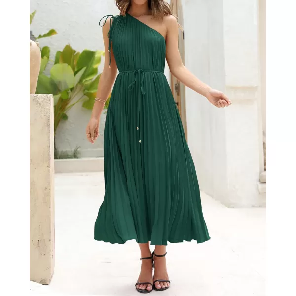 imageBTFBM Womens Drawstring One Shoulder Maxi Dresses Summer Sleeveless Tie Waist Pleated Long Flowy Party Cocktail DressSolid Dark Green
