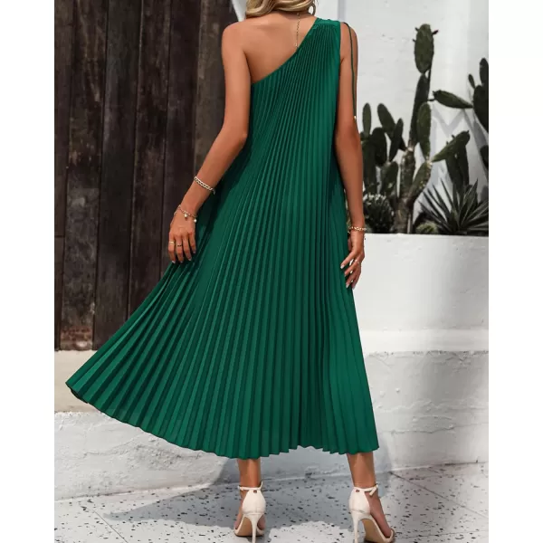 imageBTFBM Womens Drawstring One Shoulder Maxi Dresses Summer Sleeveless Tie Waist Pleated Long Flowy Party Cocktail DressSolid Dark Green