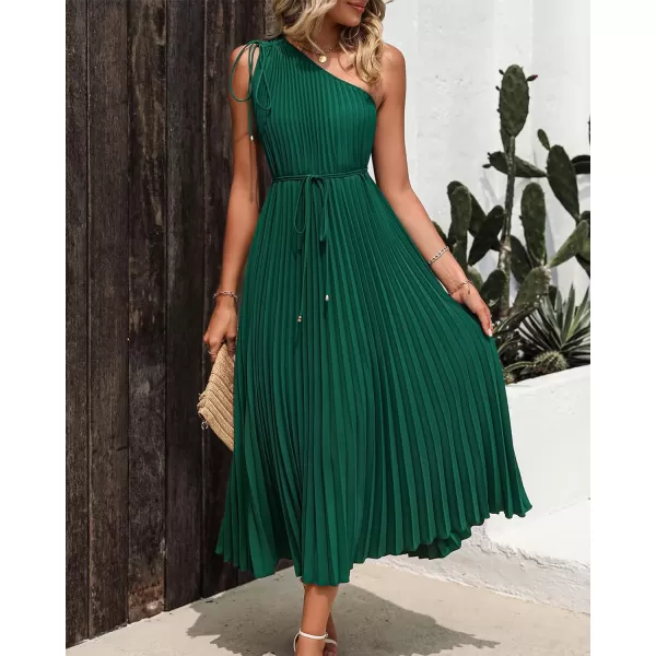 imageBTFBM Womens Drawstring One Shoulder Maxi Dresses Summer Sleeveless Tie Waist Pleated Long Flowy Party Cocktail DressSolid Dark Green