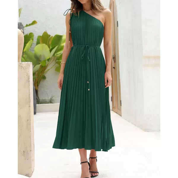 imageBTFBM Womens Drawstring One Shoulder Maxi Dresses Summer Sleeveless Tie Waist Pleated Long Flowy Party Cocktail DressSolid Dark Green