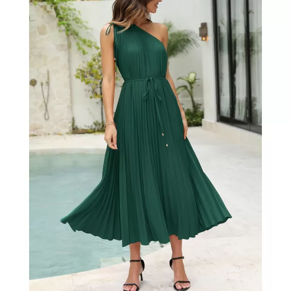 imageBTFBM Womens Drawstring One Shoulder Maxi Dresses Summer Sleeveless Tie Waist Pleated Long Flowy Party Cocktail DressSolid Dark Green