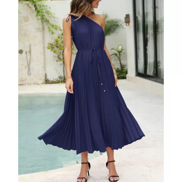 imageBTFBM Womens Drawstring One Shoulder Maxi Dresses Summer Sleeveless Tie Waist Pleated Long Flowy Party Cocktail DressSolid Navy