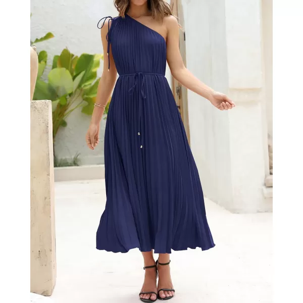 imageBTFBM Womens Drawstring One Shoulder Maxi Dresses Summer Sleeveless Tie Waist Pleated Long Flowy Party Cocktail DressSolid Navy