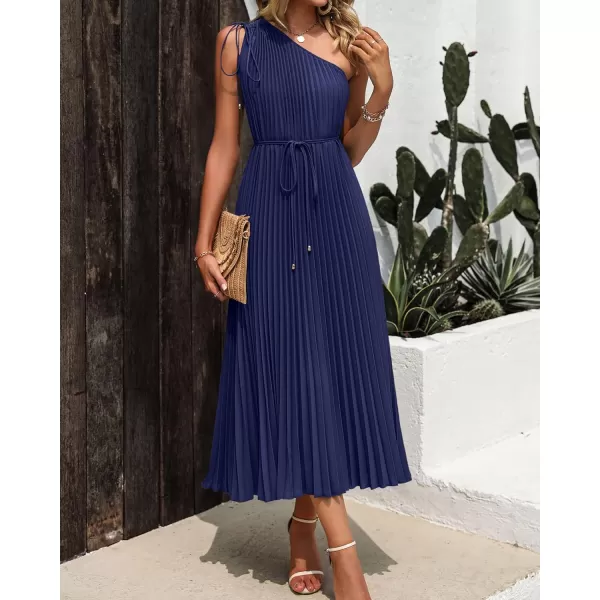 imageBTFBM Womens Drawstring One Shoulder Maxi Dresses Summer Sleeveless Tie Waist Pleated Long Flowy Party Cocktail DressSolid Navy