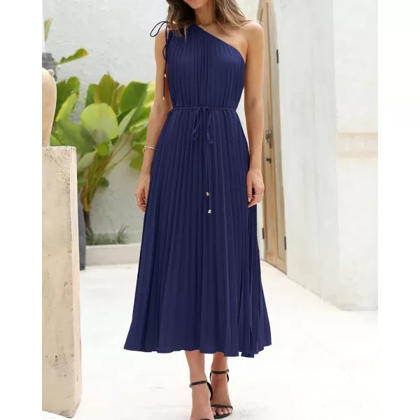 imageBTFBM Womens Drawstring One Shoulder Maxi Dresses Summer Sleeveless Tie Waist Pleated Long Flowy Party Cocktail DressSolid Navy