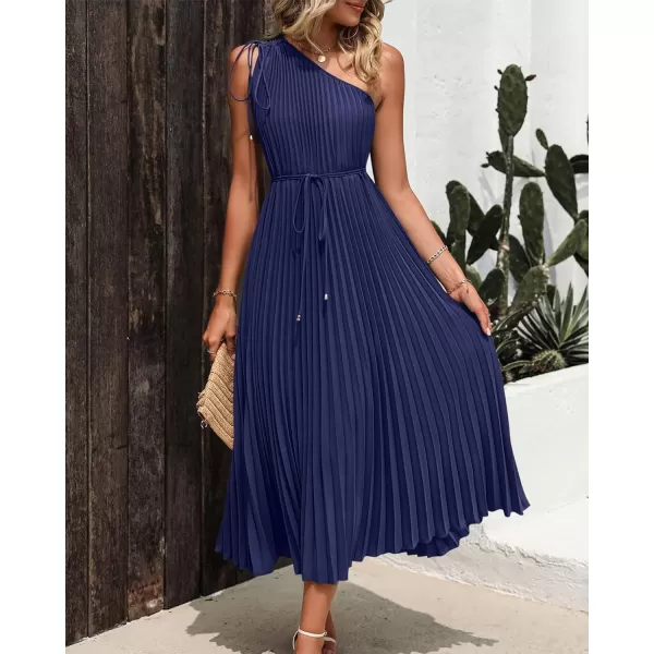 imageBTFBM Womens Drawstring One Shoulder Maxi Dresses Summer Sleeveless Tie Waist Pleated Long Flowy Party Cocktail DressSolid Navy