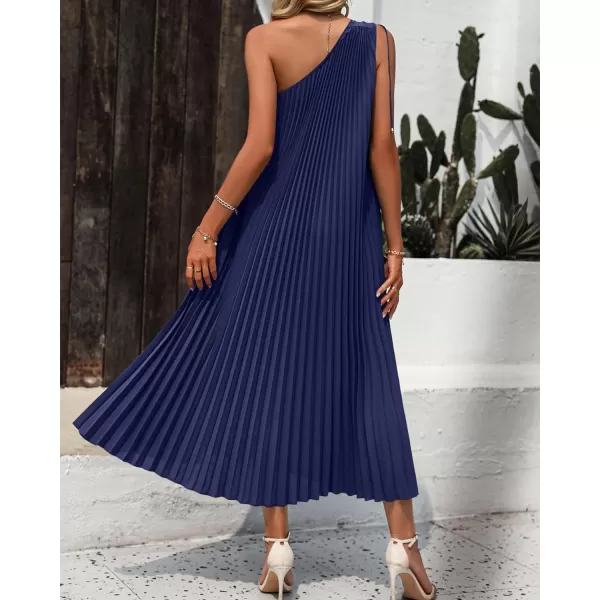 imageBTFBM Womens Drawstring One Shoulder Maxi Dresses Summer Sleeveless Tie Waist Pleated Long Flowy Party Cocktail DressSolid Navy