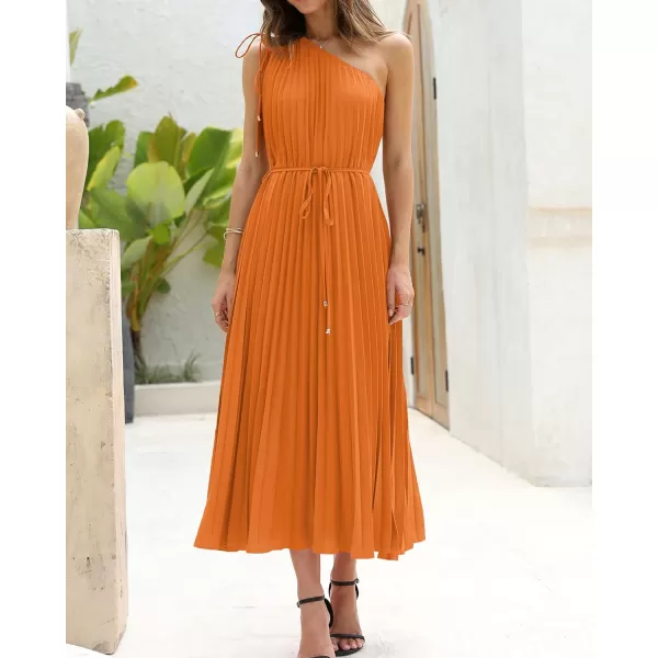 imageBTFBM Womens Drawstring One Shoulder Maxi Dresses Summer Sleeveless Tie Waist Pleated Long Flowy Party Cocktail DressSolid Orange
