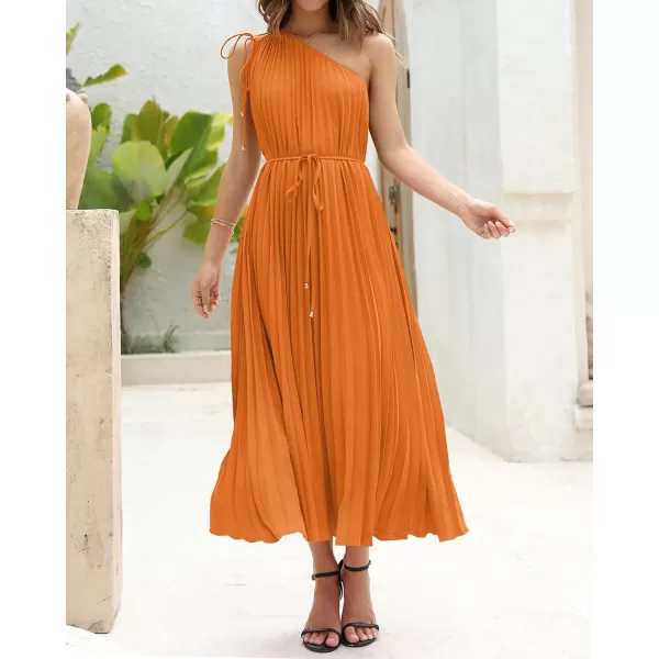 imageBTFBM Womens Drawstring One Shoulder Maxi Dresses Summer Sleeveless Tie Waist Pleated Long Flowy Party Cocktail DressSolid Orange